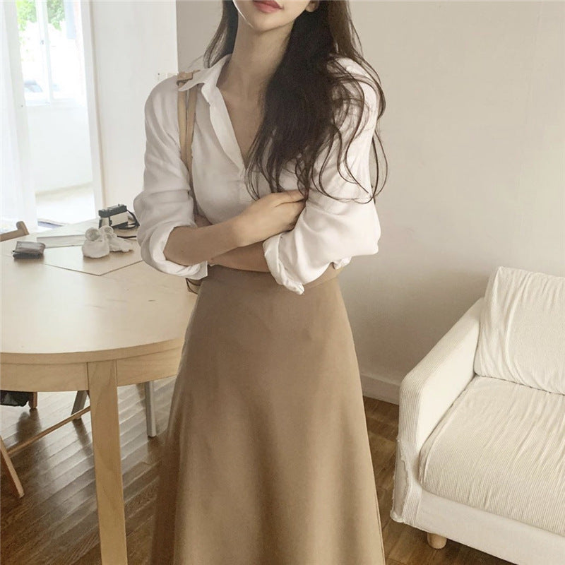 Simple Foundation Long Sleeve Shirt High Waist And All Over Body Skirt Suit Women