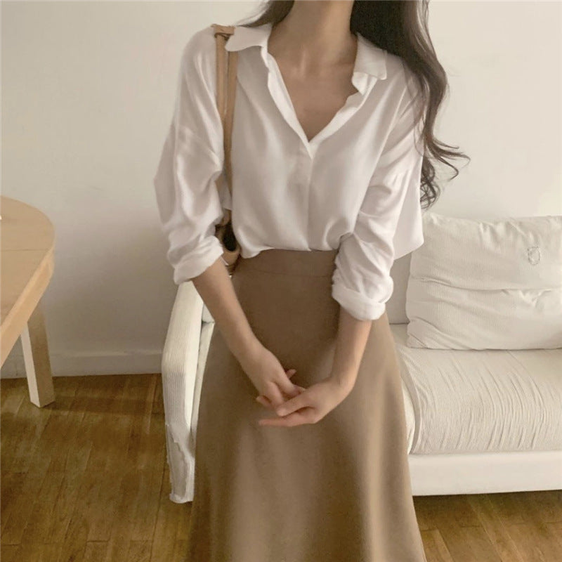 Simple Foundation Long Sleeve Shirt High Waist And All Over Body Skirt Suit Women