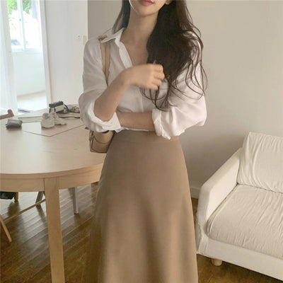 Simple Foundation Long Sleeve Shirt High Waist And All Over Body Skirt Suit Women