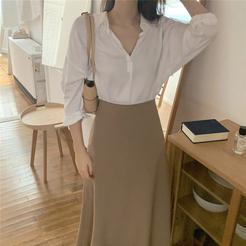 Simple Foundation Long Sleeve Shirt High Waist And All Over Body Skirt Suit Women