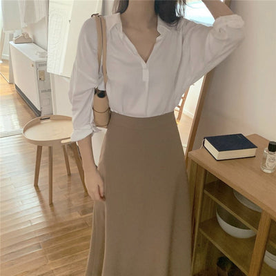 Simple Foundation Long Sleeve Shirt High Waist And All Over Body Skirt Suit Women