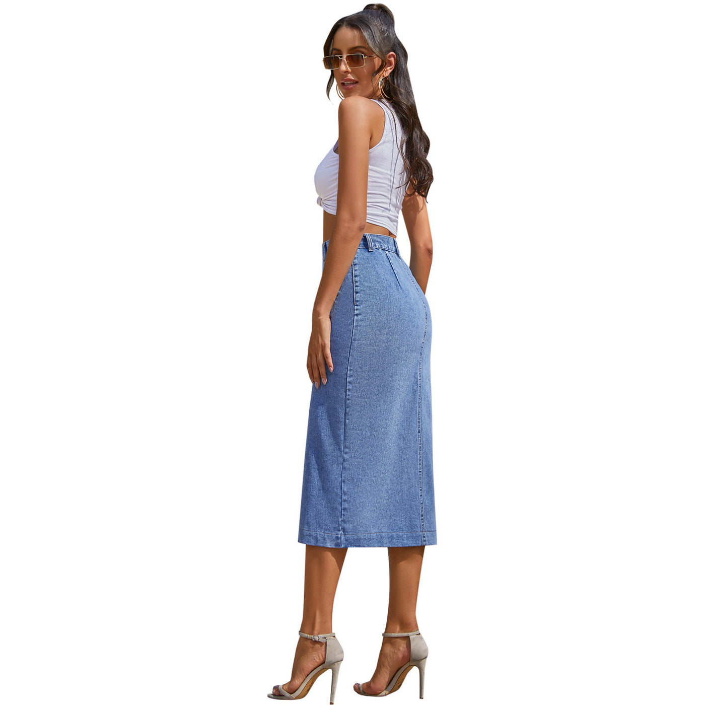 Knoop onregelmatige split denim hoge taille rok