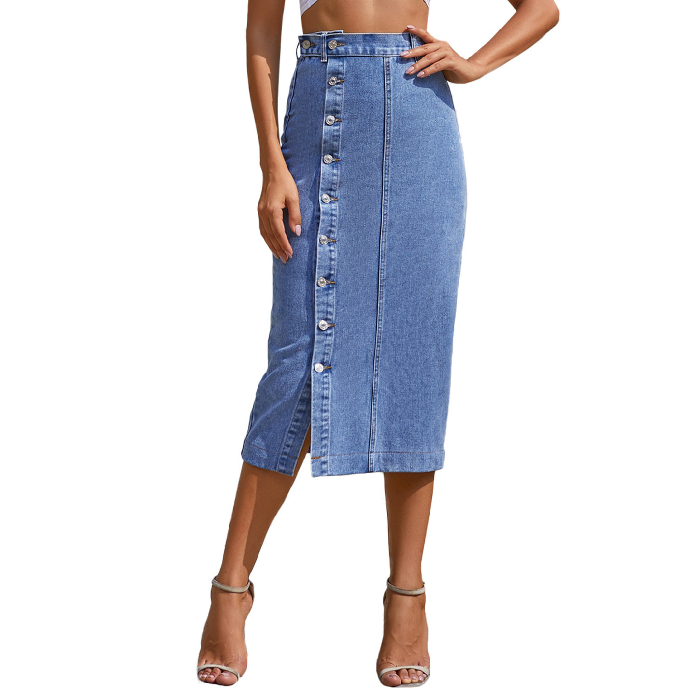 Knoop onregelmatige split denim hoge taille rok