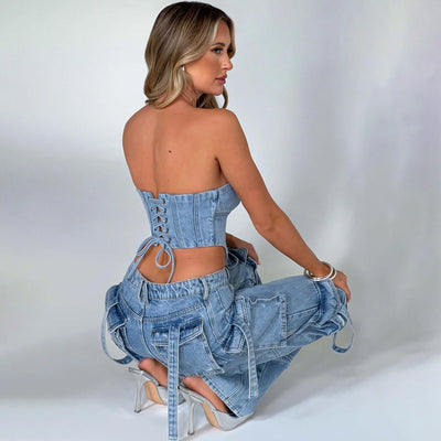 Women's Suit Low Waist Three-dimensional Tube Top And Pocket Stitching Jeans Pants