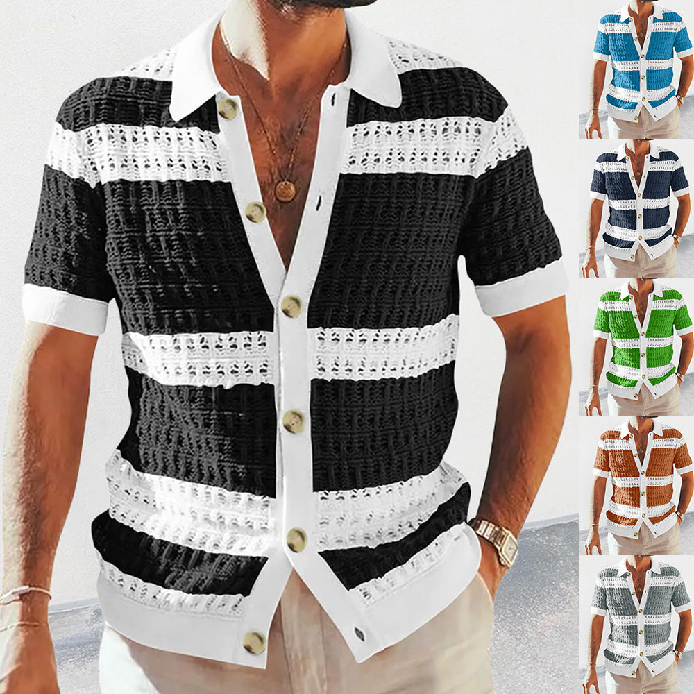 Zomer Luxe Mode Nieuw Gebreid Shirt Heren Polo Hals Korte Mouw Gekleurde Holle Ademende Cardigan Heren Topjas