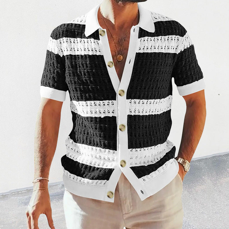 Summer Luxury Fashion New Knitted Shirt Men's Polo Neck Short Sleeve Colored Hollow Breathable Cardigan Men's Top Coat